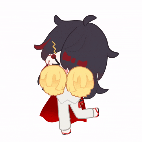 a cartoon character with black hair and a red cape is holding up a pair of yellow gloves