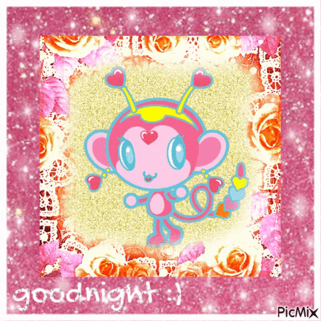 a picture of a monkey with hearts and the words goodnight written on it