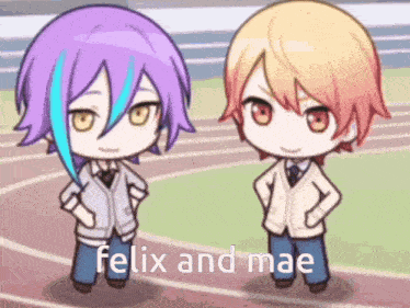 two anime characters standing next to each other with the words felix and mae written on the bottom