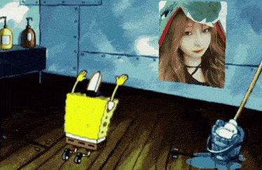 a cartoon of spongebob with a picture of a girl on the wall