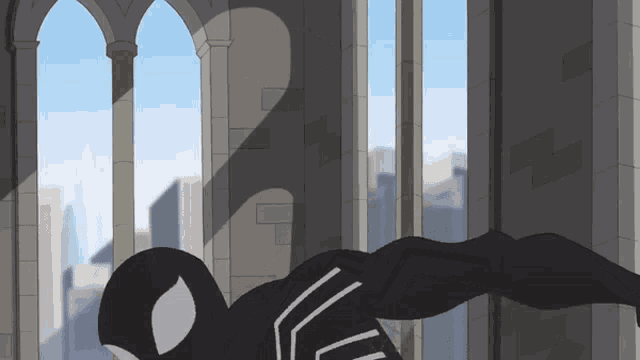 a cartoon of a man in a black spiderman suit flying through the air