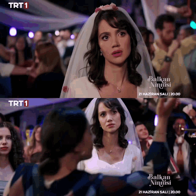 two pictures of a woman in a wedding dress with trt1 on the bottom right