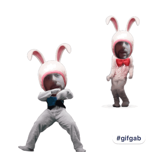 a gif of a person in a bunny costume with the hashtag #gifgab at the bottom