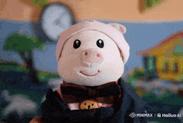 a stuffed pig wearing a hat and bow tie is being photographed by hailuoai