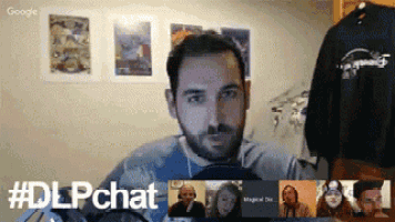 a man is on a video call with a group of people and the hashtag #dlpchat