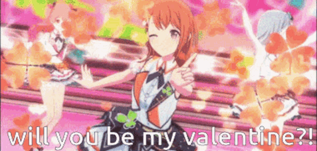 a valentine 's day greeting card with two anime girls and the words will you be my valentine