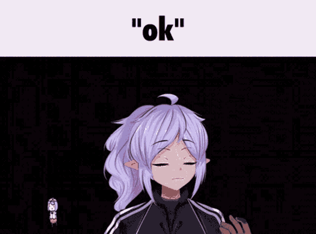 a girl with purple hair says " ok " in a black background