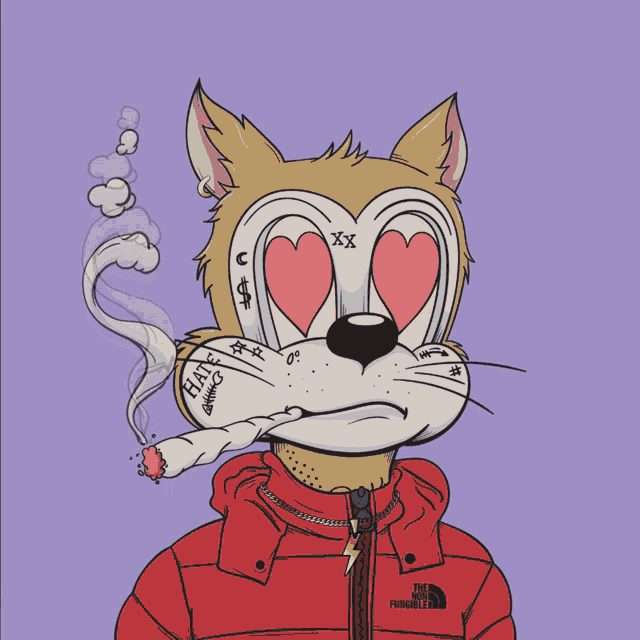 a cartoon cat is wearing a red jacket with the north face written on it