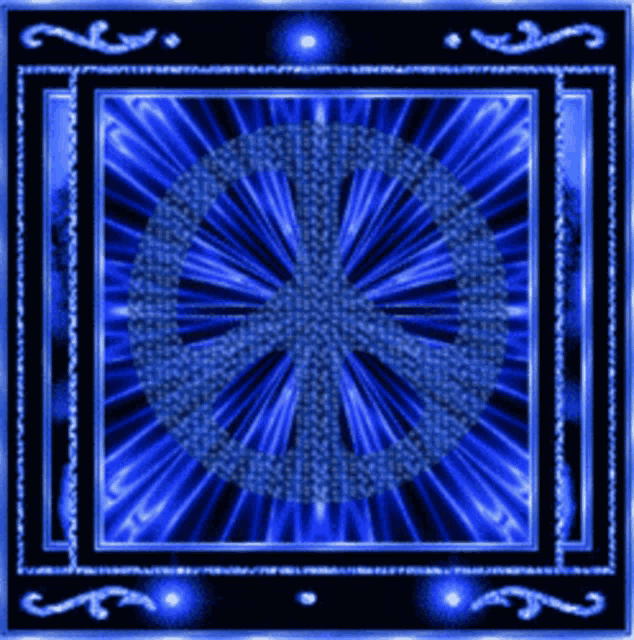 a peace sign in a blue square with a black frame