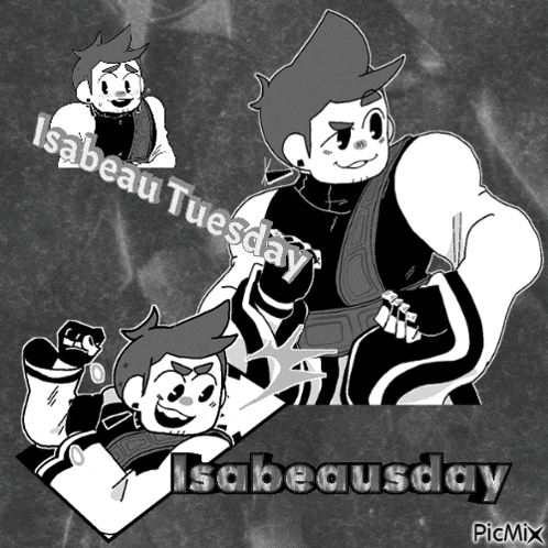 a black and white drawing of a man with the words isabeau tuesday at the bottom