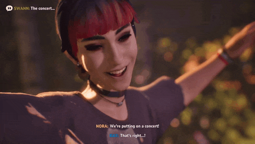 a woman with red hair and a choker is smiling in a video game called autumn big dreams little girls
