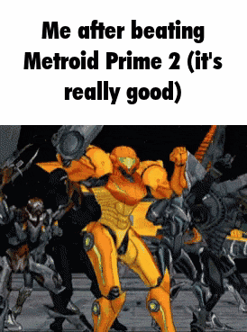 a picture of samus from metroid prime 2 dancing with a group of robots behind him .