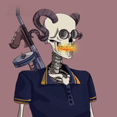 a drawing of a skeleton holding a gun