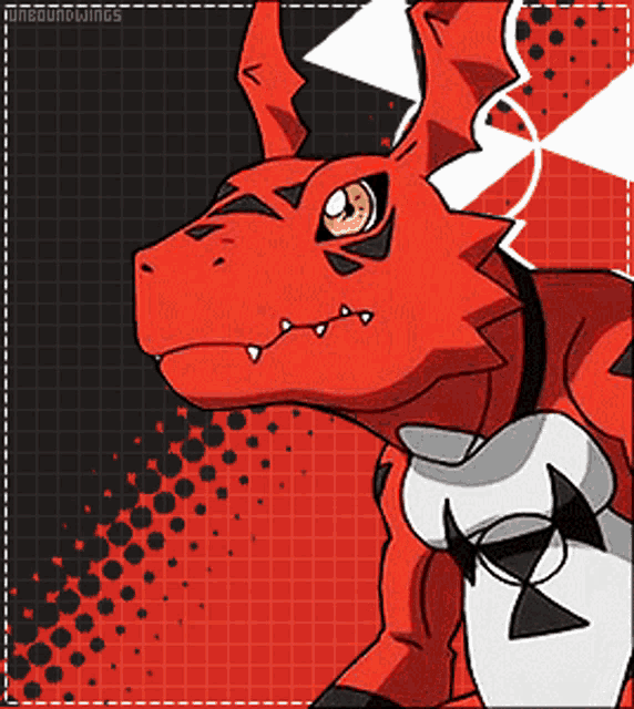 a cartoon drawing of a red dragon with a yellow eye on a red background