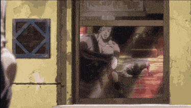 a drawing of a man standing in front of a window with a sign that says ' restaurant ' on it