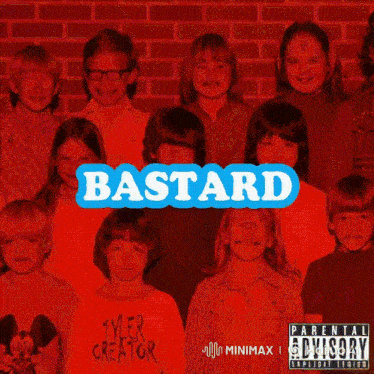 a group of children standing in front of a brick wall with bastard written on it