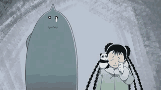 a girl is holding a panda bear while standing next to a giant cartoon character .