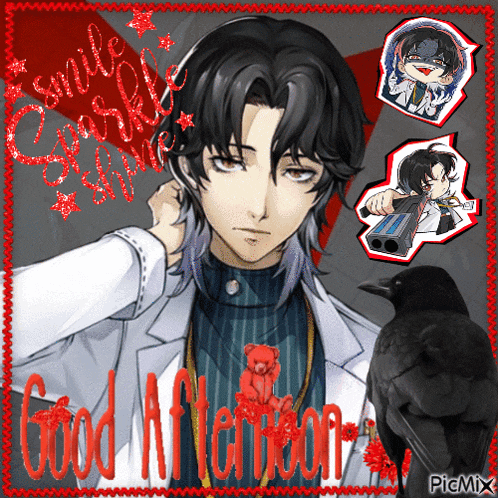 a picture of a man with a gun and the words good afternoon on the bottom