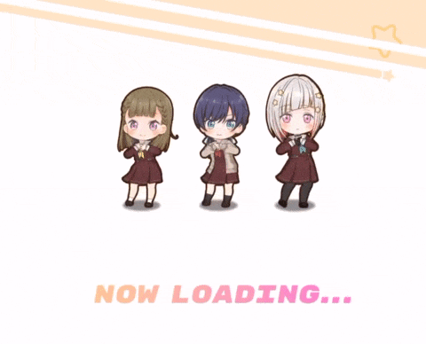 a loading screen for a video game with three girls jumping in the air