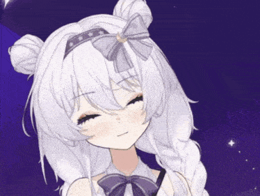 a close up of a girl with white hair and a purple bow