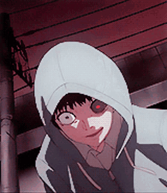 a cartoon character wearing a white hooded jacket with red eyes