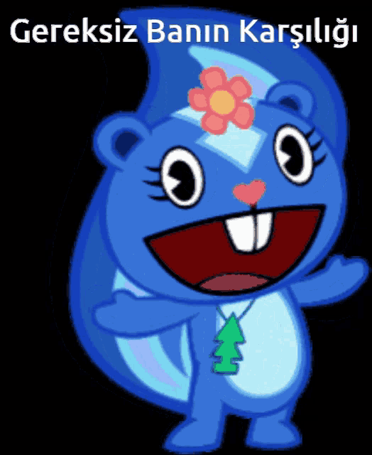 a cartoon squirrel with a flower on her head and the words gereksiz bannin karsiligi below it