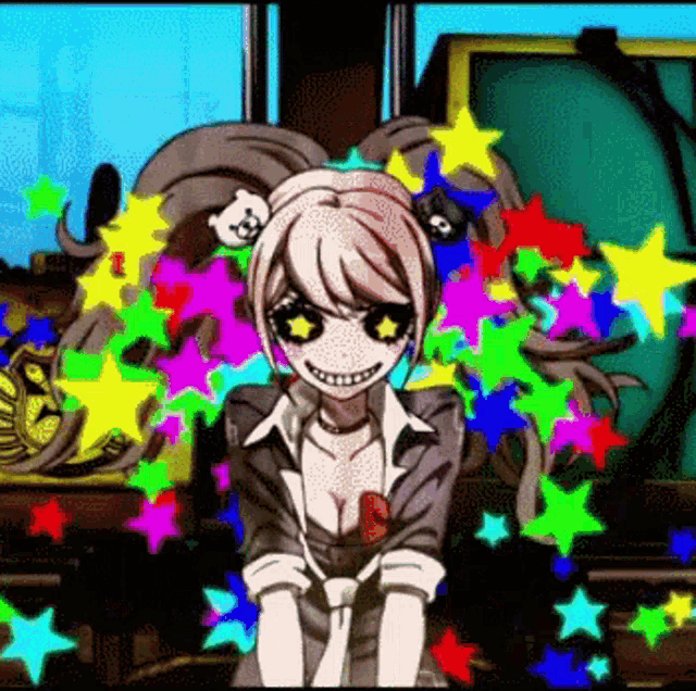a girl with a bear in her hair is surrounded by colorful stars and smiling .
