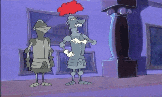 a cartoon of a man in a red dress standing next to a knight