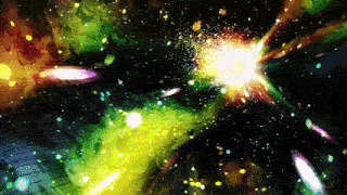 a painting of a colorful space scene with a glowing object in the middle