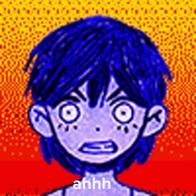 a drawing of a boy with blue hair and the word ahhh on the bottom right
