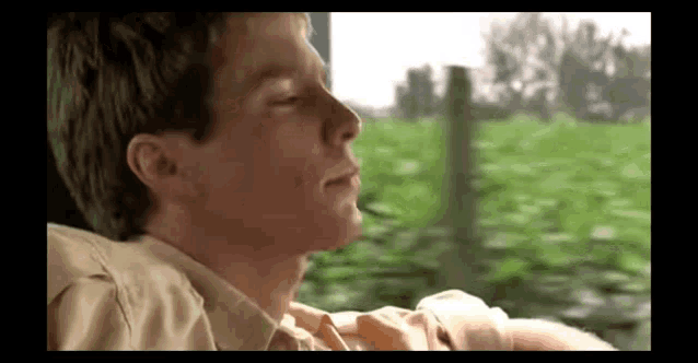 a man is sitting in a chair looking out a window at a field .