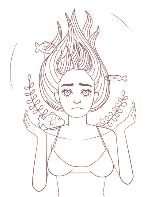 a line drawing of a woman holding a fish in her hands