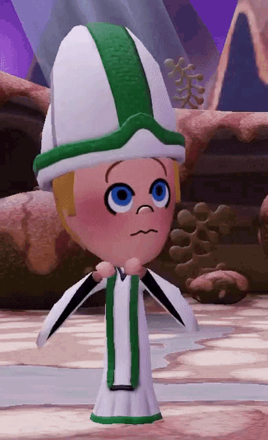 a cartoon character wearing a green and white hat and white dress
