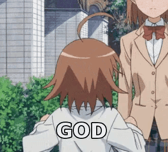 a girl in a school uniform is standing next to another girl with the word god written on her back .