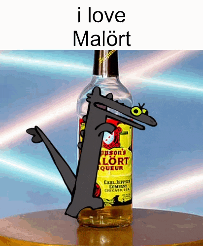 a bottle of carl jefferson 's loret liqueur with a cartoon drawing of a lizard