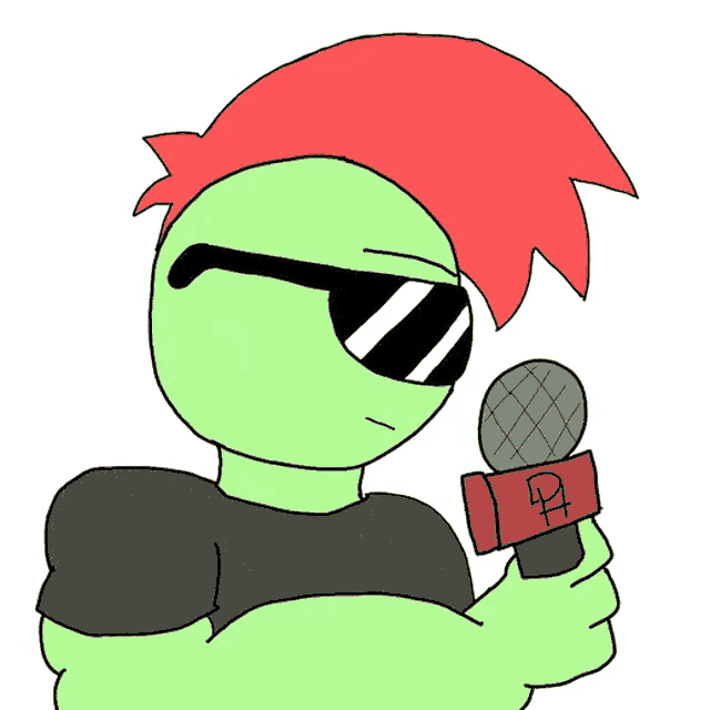 a green cartoon character with red hair and sunglasses holding a microphone with the letter p on it
