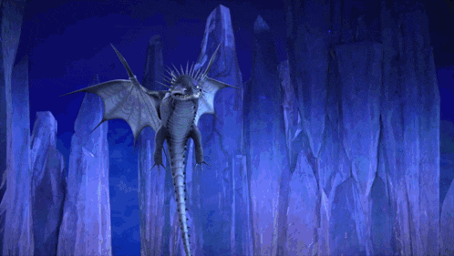 a blue dragon with sharp teeth looks at the camera with a blue background