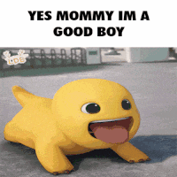 a yellow cartoon character with its tongue hanging out and the words yes mommy im a good boy