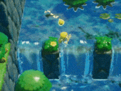 a video game scene with a waterfall and a yellow object floating in the water