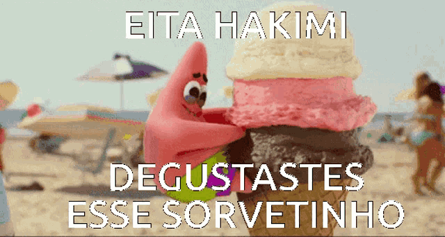 a spongebob squarepants character holding a stack of ice cream cones on a beach