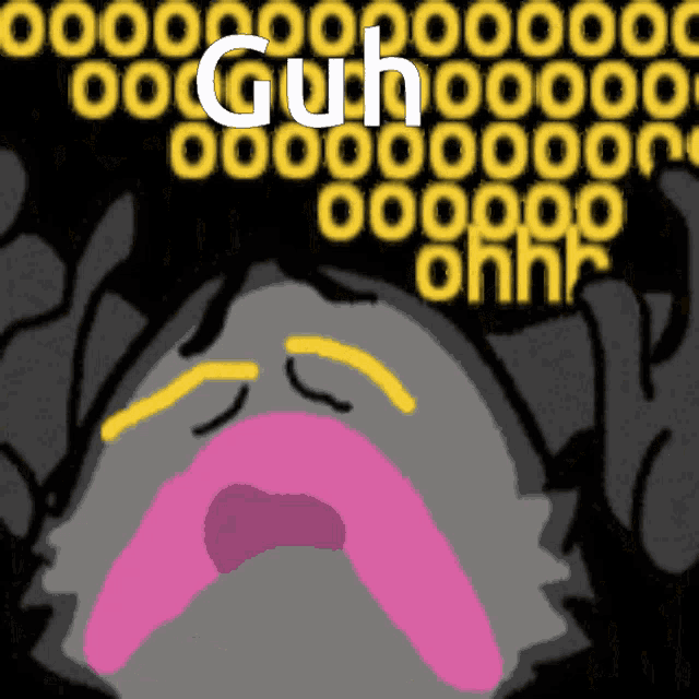 a drawing of a crying cat with the word guh written in white