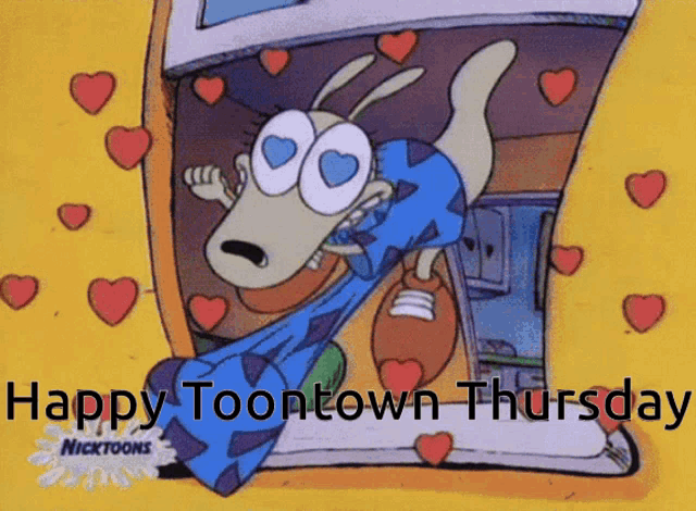 a cartoon says happy toontown thursday and has hearts around it
