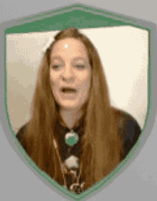 a woman with long hair is standing in a green shield with her mouth open .