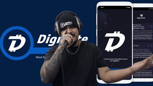 a man singing into a microphone in front of a sign that says digibyte