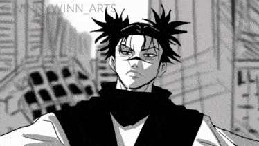 a black and white drawing of a man with two buns on his head