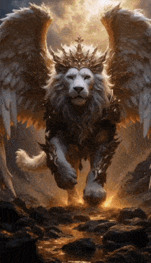 a white lion with angel wings and a crown