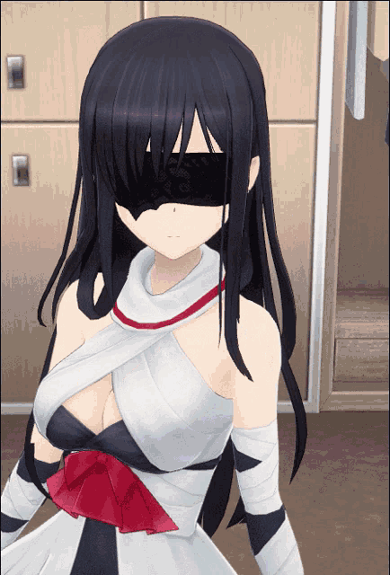 a girl with long black hair is wearing a blindfold and gloves