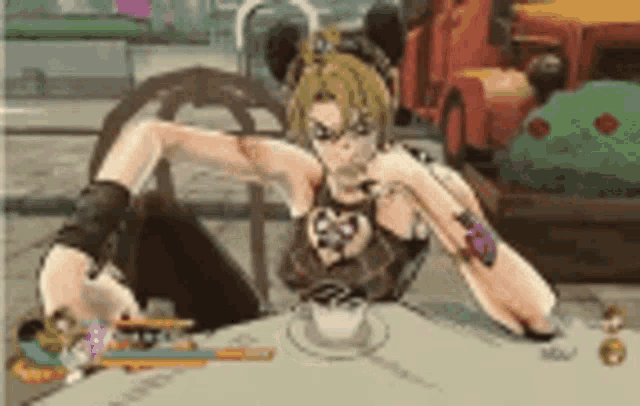 a woman is sitting at a table in a video game with a cup of coffee .