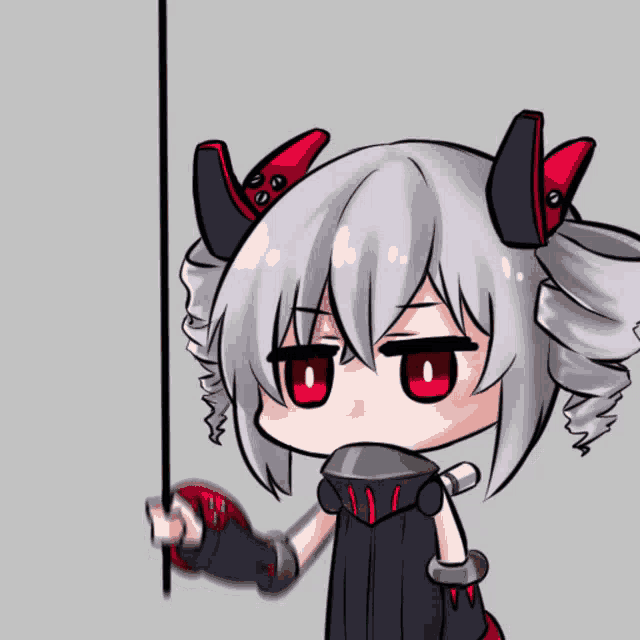 a drawing of a girl with gray hair and red eyes holding something