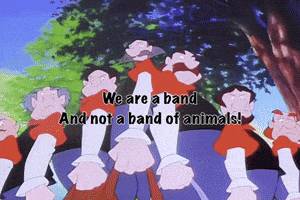 a group of cartoon characters with the words " we are a band and not a band of animals " on the bottom